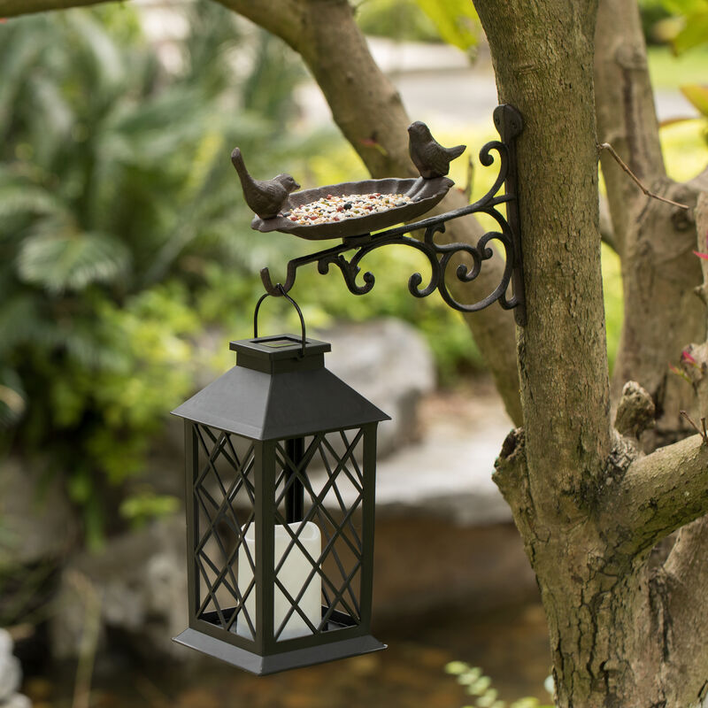 Outdoor Garden Wall Mounted Hanging Iron Bird Bath and Feeder Decor, Bronze