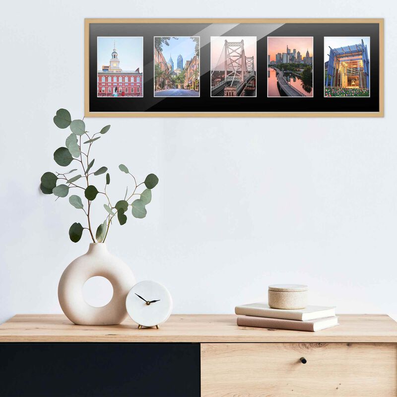 7.5x23.5 Wood Collage Frame with Black Mat For 5 4x6 Pictures