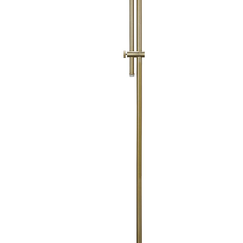 Rhys 60 Inch Floor Lamp, Adjustable Arm, White Drum Shade Round Brass Metal - Benzara