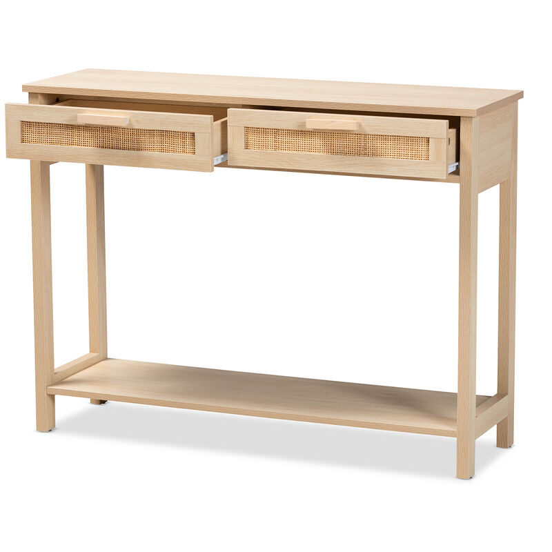 Baxton Studio Sebille Mid Century Light Brown Finished 2 Drawer Console Rattan Table