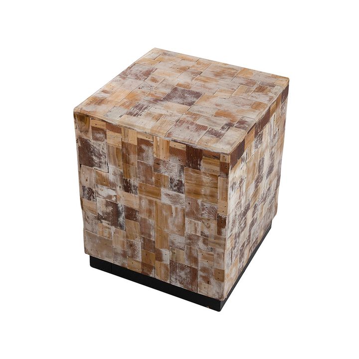 19 Inch Side End Table Stool, Square, Resin Patchwork Style Design, Brown - Benzara