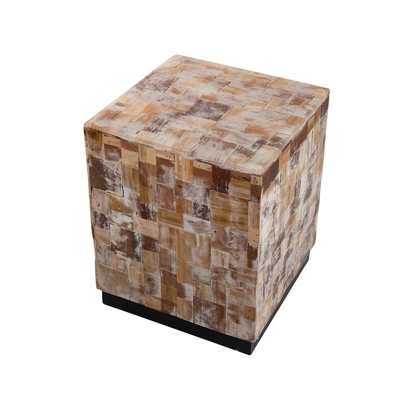 19 Inch Side End Table Stool, Square, Resin Patchwork Style Design, Brown - Benzara