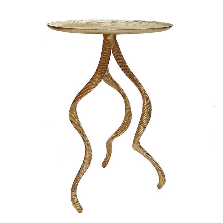 24 Inch Accent Side Table, Antler Base Design, Ribbed Top, Aluminium, Gold - Benzara