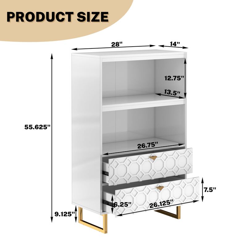 MONDAWE 28" Wood Display Bookshelf Storage Organizer Bookcase Storage Cabinet With 2 Drawers