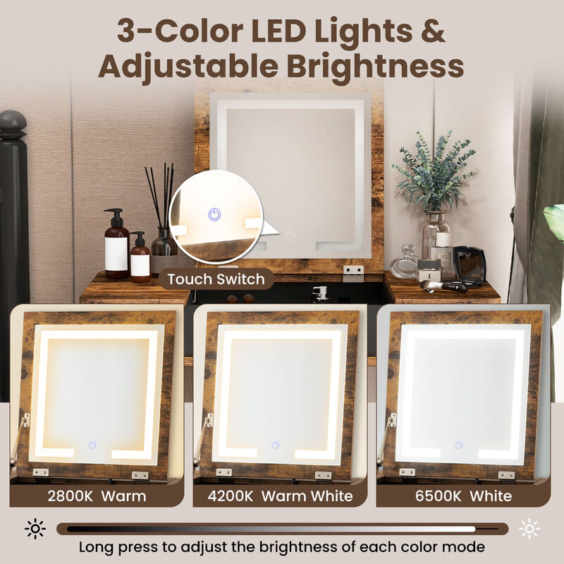 Vanity Table Set with Flip Top Mirror Lights USB Writing Desk and Stool