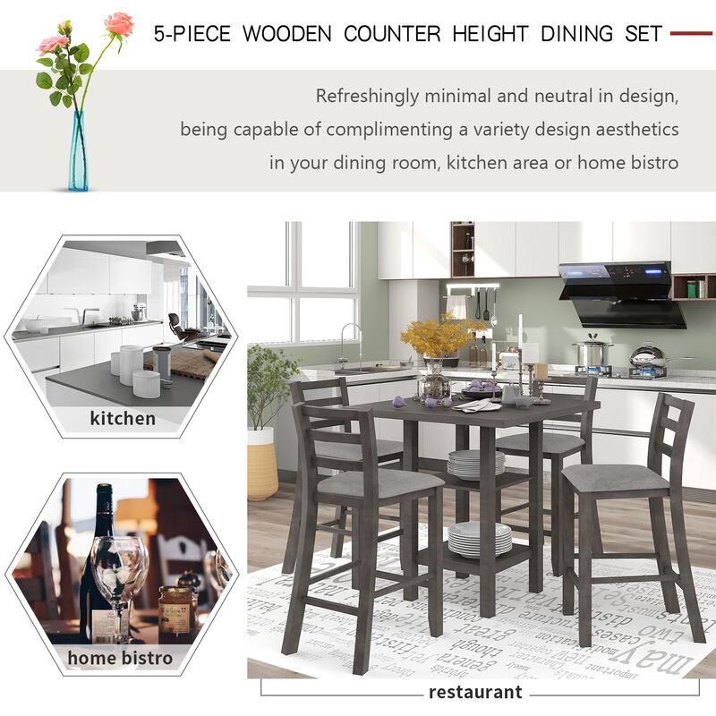 Merax 5-Piece Wooden Counter Height Dining Set with Padded Chairs and Storage Shelving