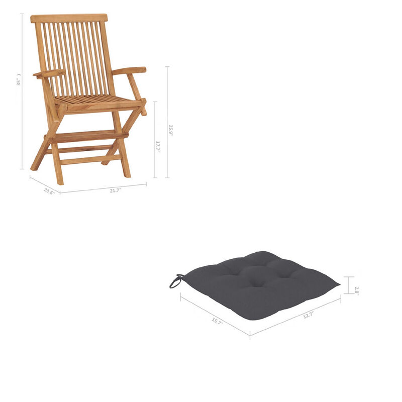 Outdoor Accent Chair Set of 2, Folding Design, Gray, Brown Teak Wood - Benzara