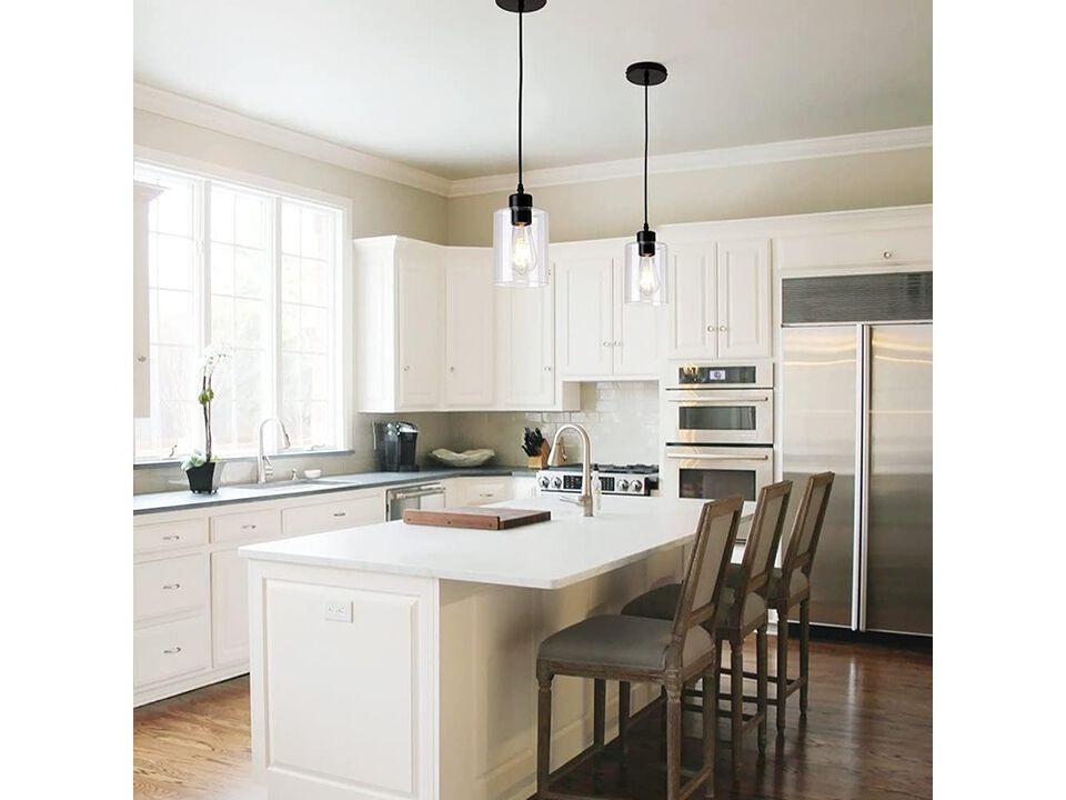 KLSS Modern Black Farmhouse Clear Glass Cylinder Pendant Light Fixture 2 Pack