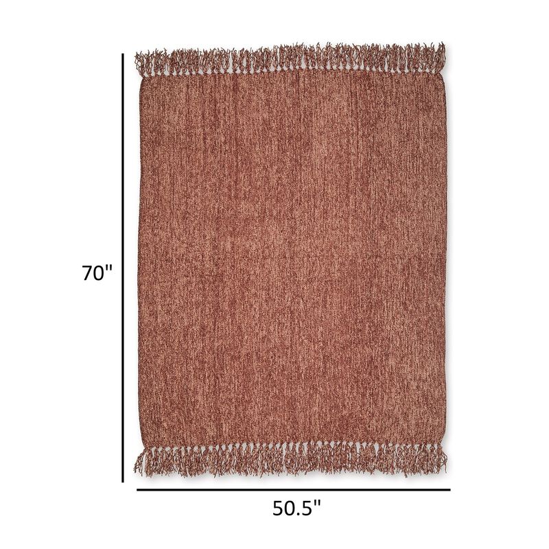 Emily Throw Blanket Set of 3, Textured Woven Knotted Fringe, Red Polyester - Benzara