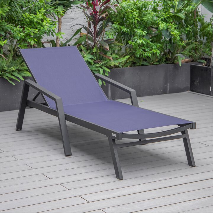 LeisureMod Marlin Patio Chaise Lounge Chair with Armrests – Black Aluminum Frame & Navy Blue Mesh for Outdoor Comfort