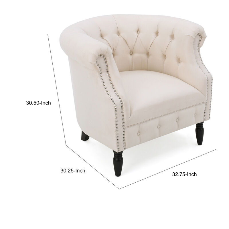 37 Inch Accent Club Chair, High Tufted Back, Studded Arms, Beige Fabric