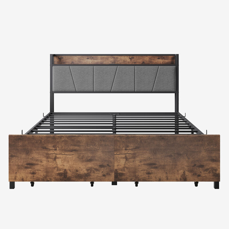 Vintage Brown Queen Size Bed Frame with Storage and Charging Station