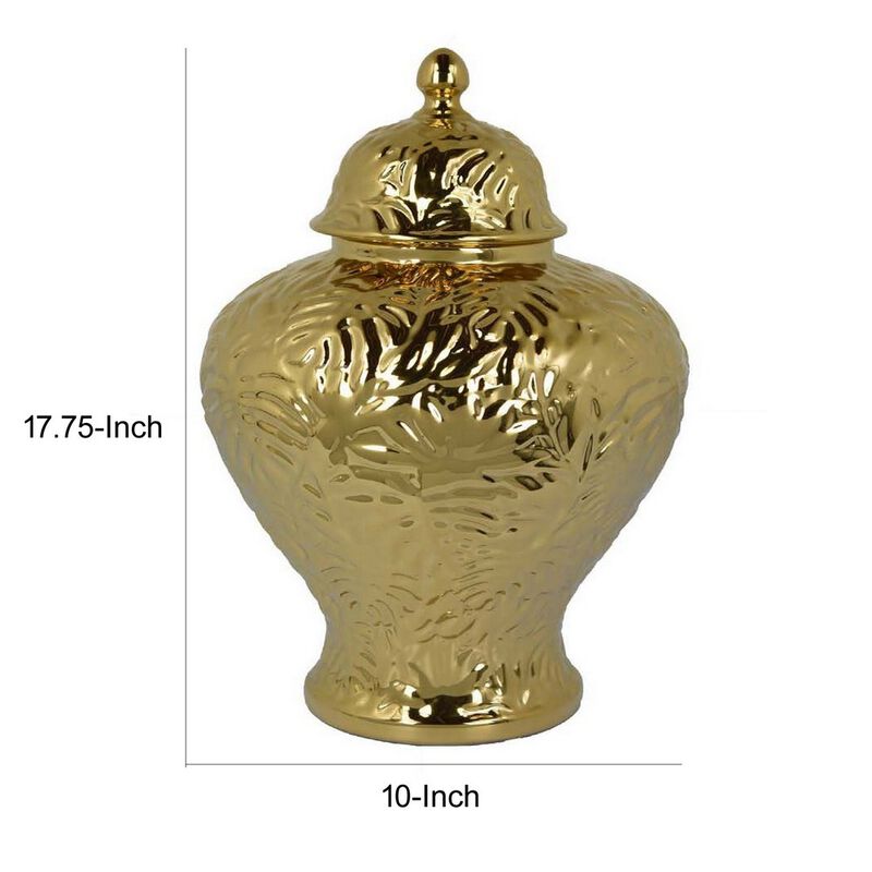 Aniea 18 Inch Accent Temple Jar, Geometric Design, Dome Lid, Gold Ceramic - Benzara