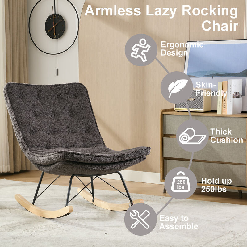 Ergonomic Wood Base Rocking Chair: Upholstered Armless Design for Relaxation GREY