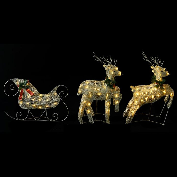 Garden 4pc Reindeer and Sleigh Christmas Decoration, 100 LEDs, Gold - Benzara