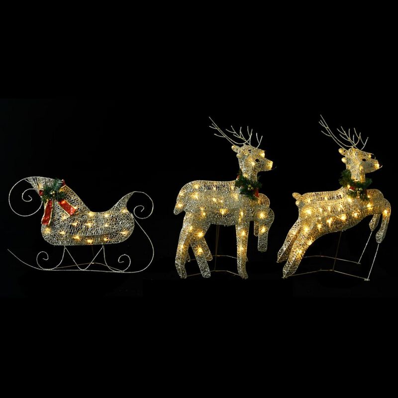 Garden 4pc Reindeer and Sleigh Christmas Decoration, 100 LEDs, Gold - Benzara