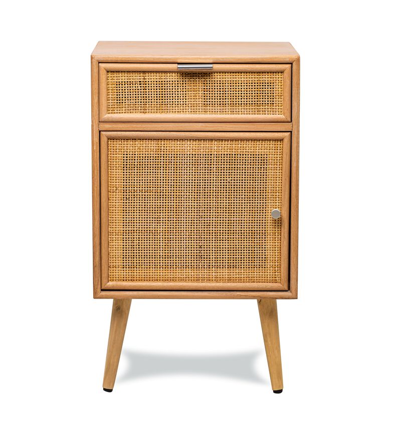 Scandinavian Bedside Table in Wood with Rattan Drawer