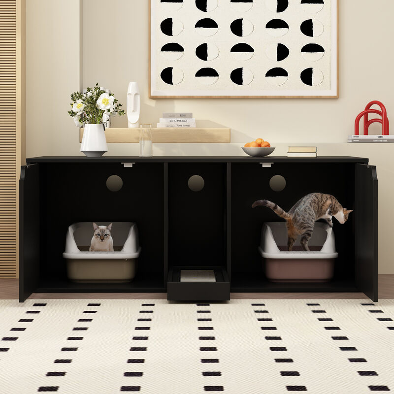 Cat Litter Box Enclosure for 2 Cats, Wood Stackable Cat Washroom Storage Bench End Table Furniture, Black