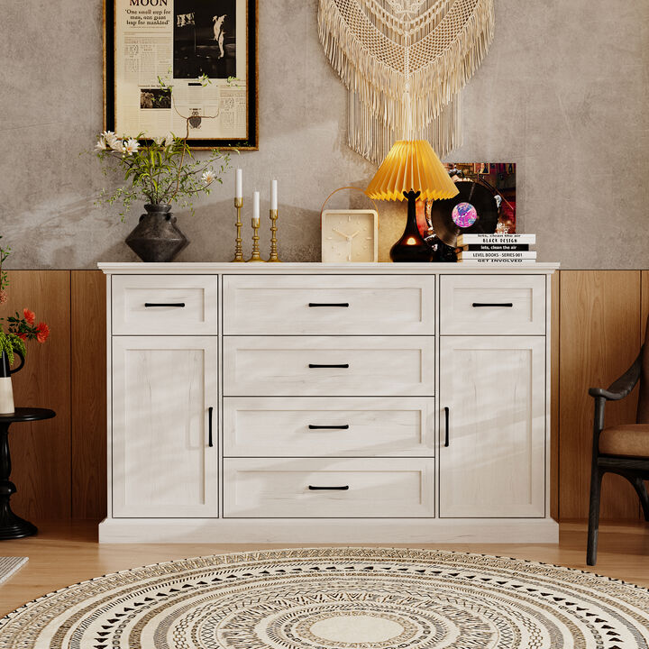 61" W Farmhouse Sideboard Buffet Storage Cabinet Credenza with 6 Drawers, 4 Shelves & 2 Doors, Wooden Coffee Bar Cabinet for Dining Room Kitchen Living Room