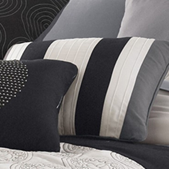7 Piece Queen Cotton Comforter Set with Geometric Print, Gray and Black-Benzara