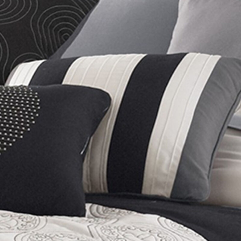 7 Piece Queen Cotton Comforter Set with Geometric Print, Gray and Black-Benzara