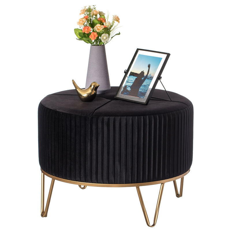 Round Velvet Ottoman Stool Raised with Hairpin Gold Base, Black, Large
