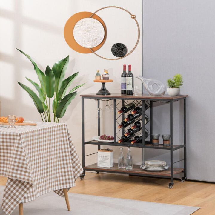 Hivvago 3-Tier Wine Bar Cabinet wit 8 Bottles Rack and 12 Glasses Hanger-Rustic Brown