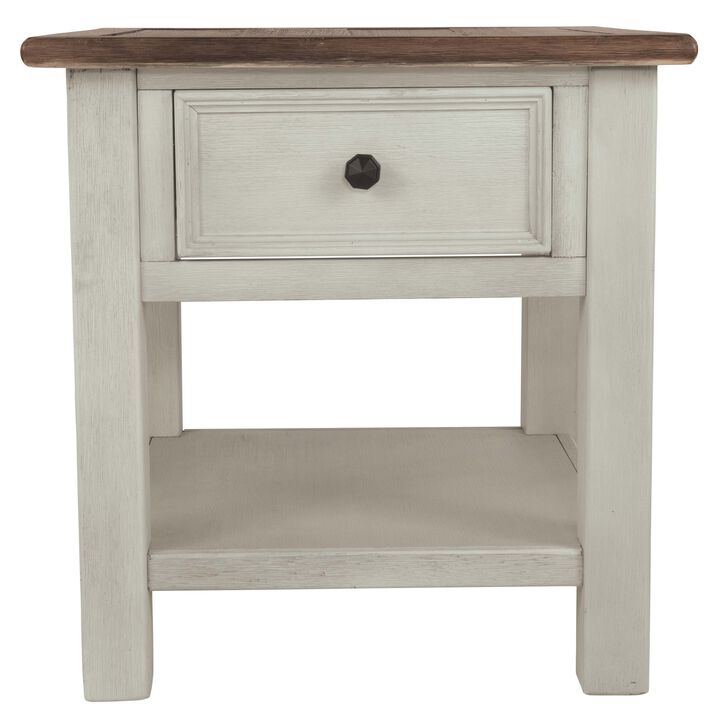 Chair Side End Table with 1 Cabinet and Pull Out Tray, White and Brown-Benzara