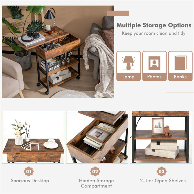 Rolling Bedside Table with Adjustable Tabletop, USB Ports & Power Outlets