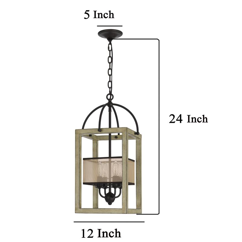 Acia 12 Inch Chandelier, Distressed Brown Organza Shade, Wood, Metal - Benzara
