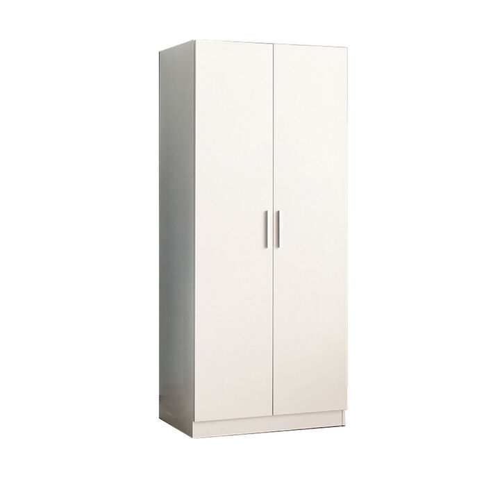 Avy Standing Closet with 2 Hanging Bar and 5 Shelves, Double Door, White - Benzara