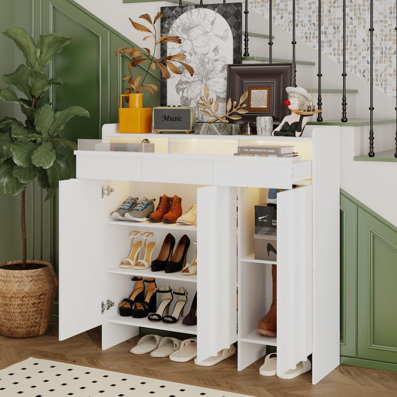 FUFU&GAGA Modern White Shoe Cabinet – 3 Drawers, 3 Doors, Acrylic Panel Design, MDF Entryway Storage (47.2" W x 13.8" D x 47.2" H), White