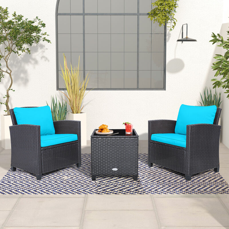 3 Pcs Patio Rattan Furniture Set Cushioned Conversation Set Coffee Table