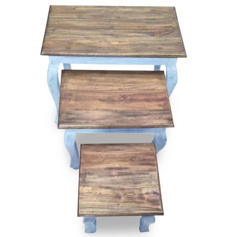3pc Nesting End Table Set, Light Blue Turned Legs Brown Reclaimed Wood - Benzara