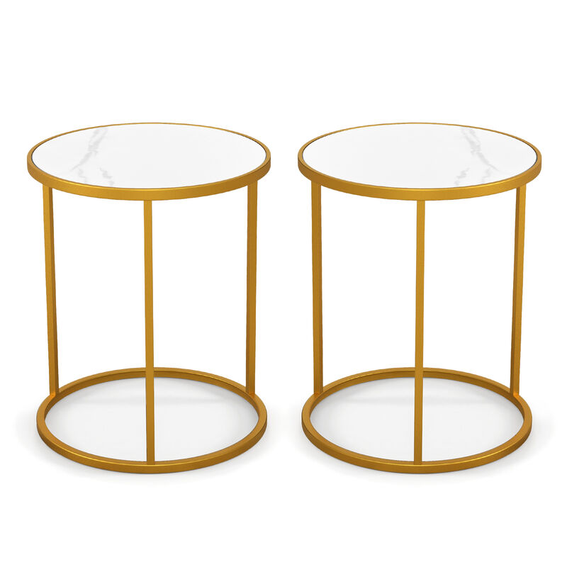 16 Inch Marble Top Round Side Table with Golden Metal Frame for Living Room Bedroom