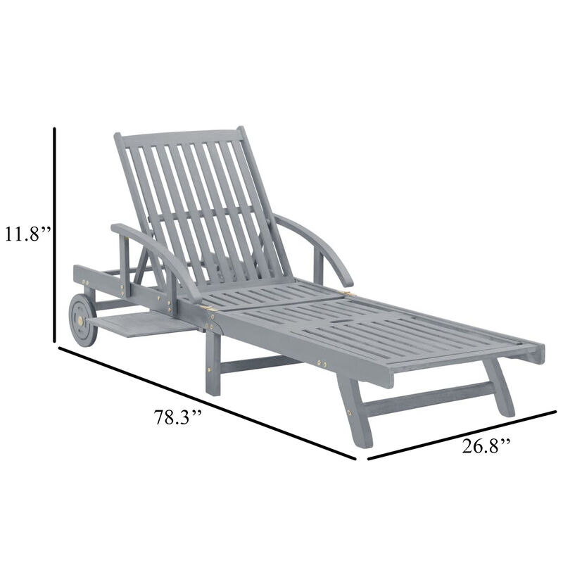 Outdoor Sun Chaise Lounger, Slatted Gray Acacia Wood Frame w Wheels - Benzara