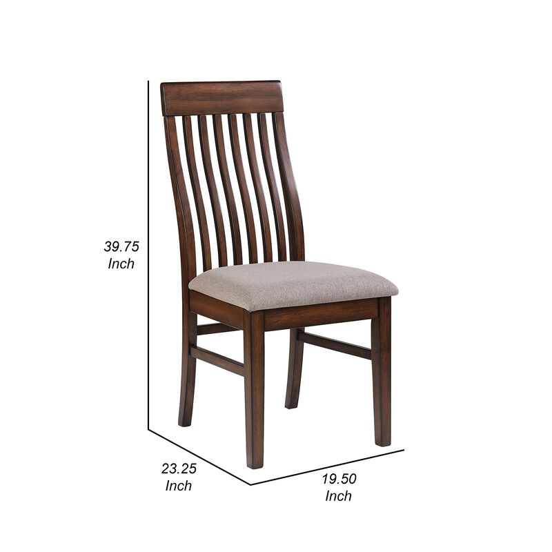 Brar Dining Chair Set of 2, Light Brown Fabric, Slat Back, Brown Hardwood - Benzara