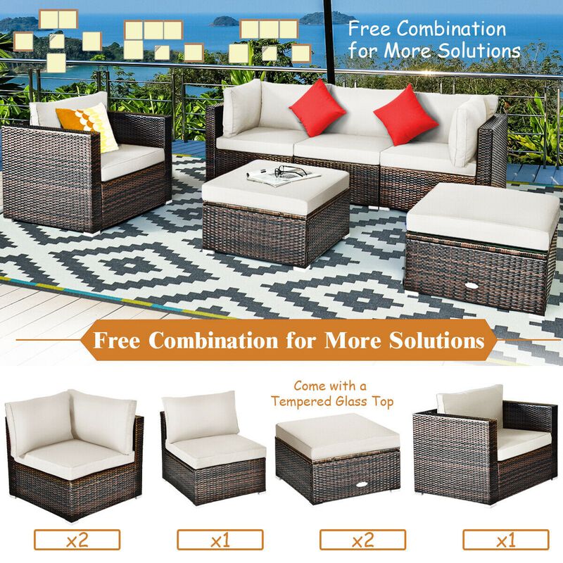 6 Pcs Patio Rattan Furniture Set with Sectional Cushion