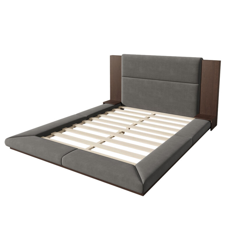 Merax Floor Upholstered Platform Bed with Extended Headboard