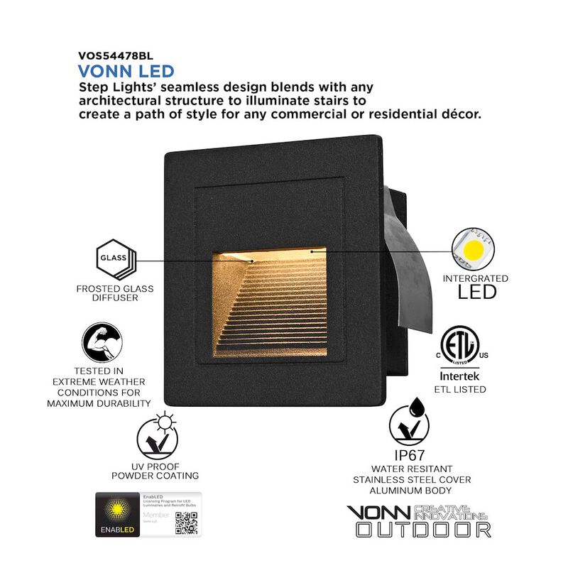 VONN Lighting Low-Voltage 1-Watt Integrated LED Outdoor Steps Light in Matte Black