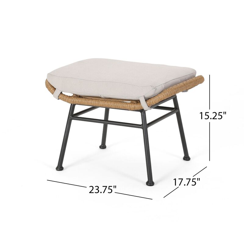 Margo Outdoor Ottoman Set of 2, 24 Inch Black Iron, Brown and Beige -Benzara