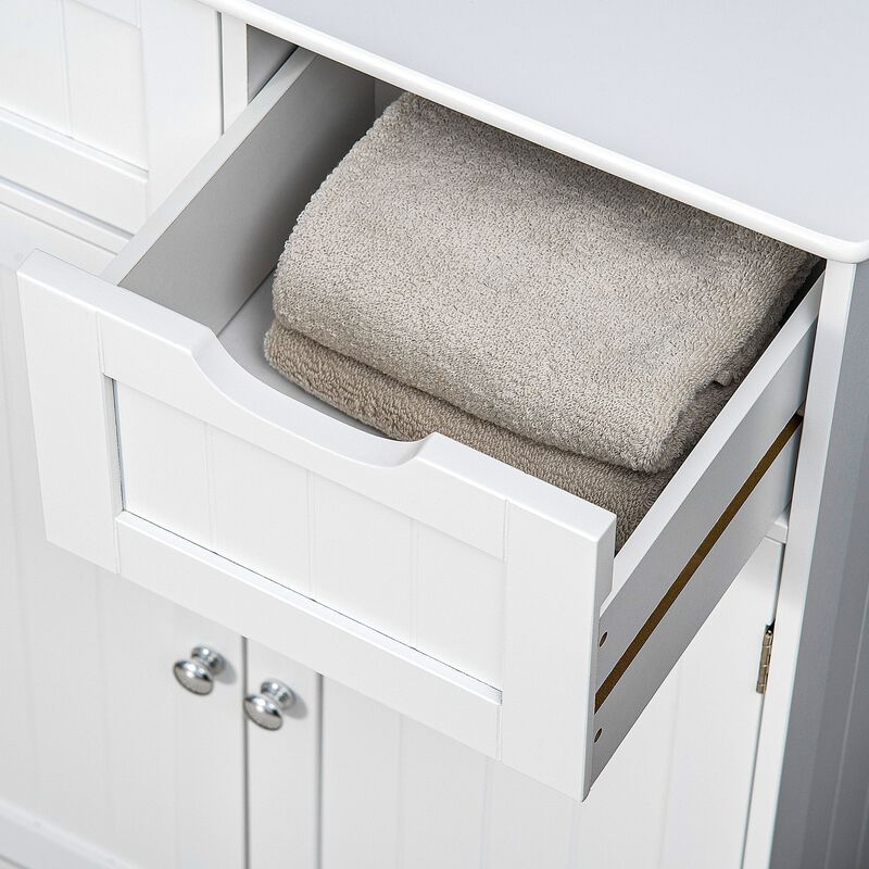 White Bathroom Cabinet: Freestanding Storage with Drawers & Shelf