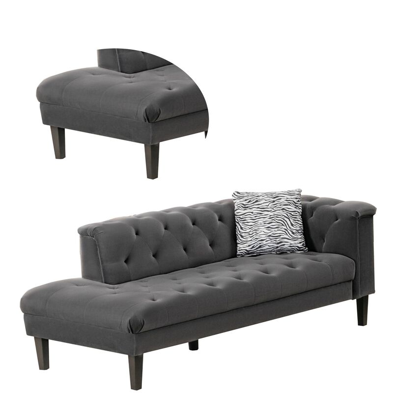Aki 77 Inch Chaise Lounger with Pillow, Deep Button Tufted, Gray Velvet-Benzara