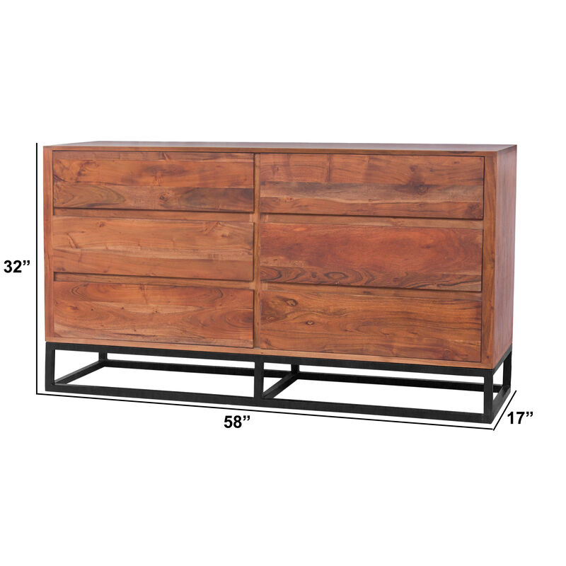 Modern Acacia Wood Dresser or Display Unit With Metal Base, Walnut Brown and Black
