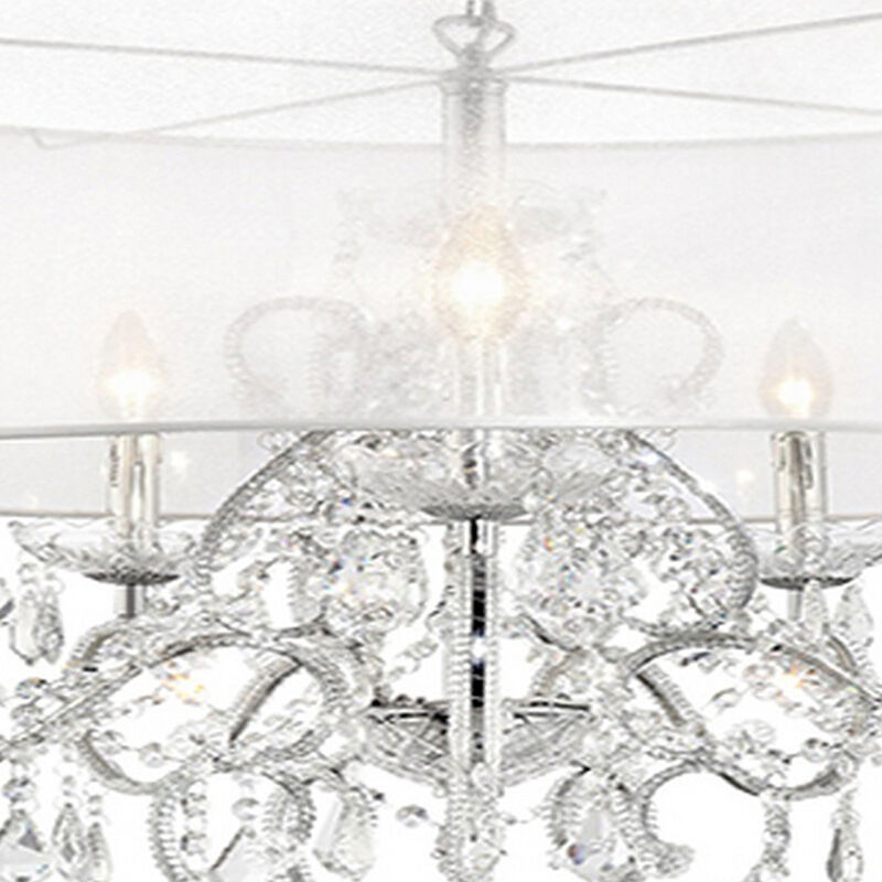 32 Inch Ceiling Lamp with Hanging Crystals, Round Canopy, Silver-Benzara