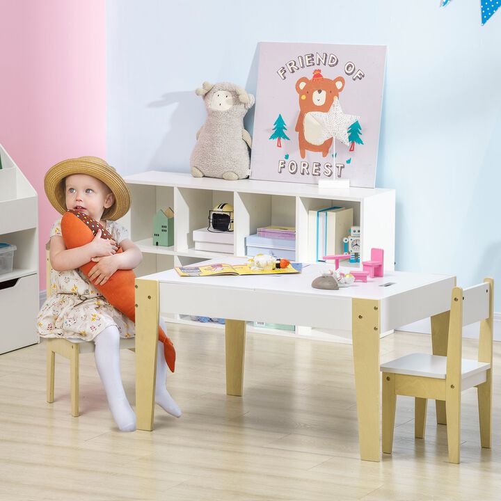 White Kids' Activity Center: 3-Piece Table & Chair Set with Storage