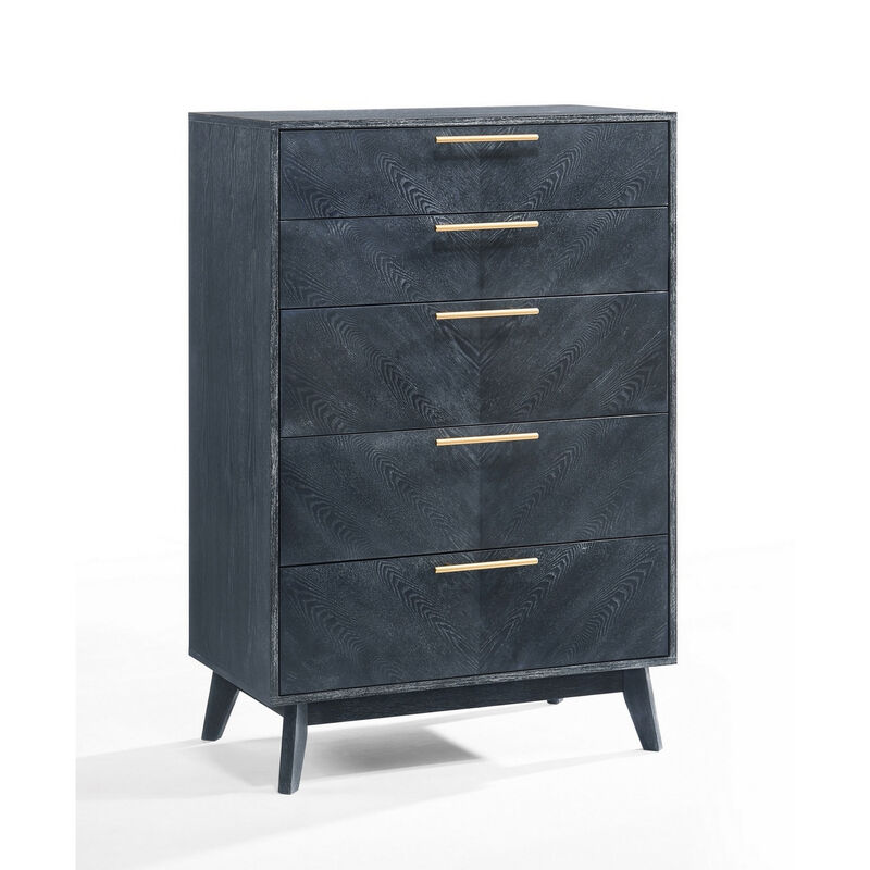 Cid Coy 47 Inch Tall Dresser Chest, 5 Drawer, Gold Metal, Ash Gray Wood - Benzara