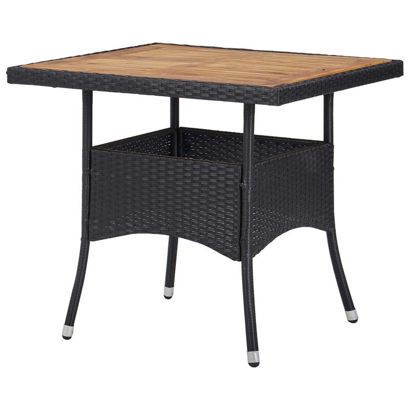 Outdoor Dining Table, 31 Inch Square Acacia Wood Top Black Rattan Base - Benzara