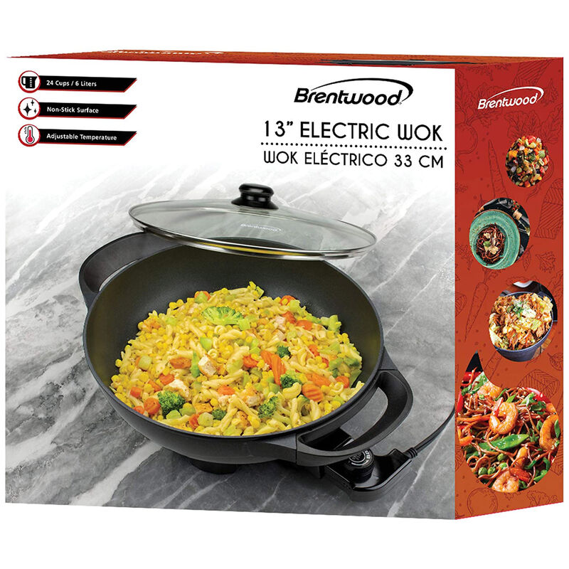 Brentwood 13in Non-Stick Flat Bottom Electric Wok Skillet with Vented Glass Lid in Black