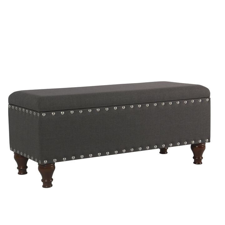 Fabric Upholstered Wooden Storage Bench With Nail head Trim, Large, Dark Gray and Brown - Benzara